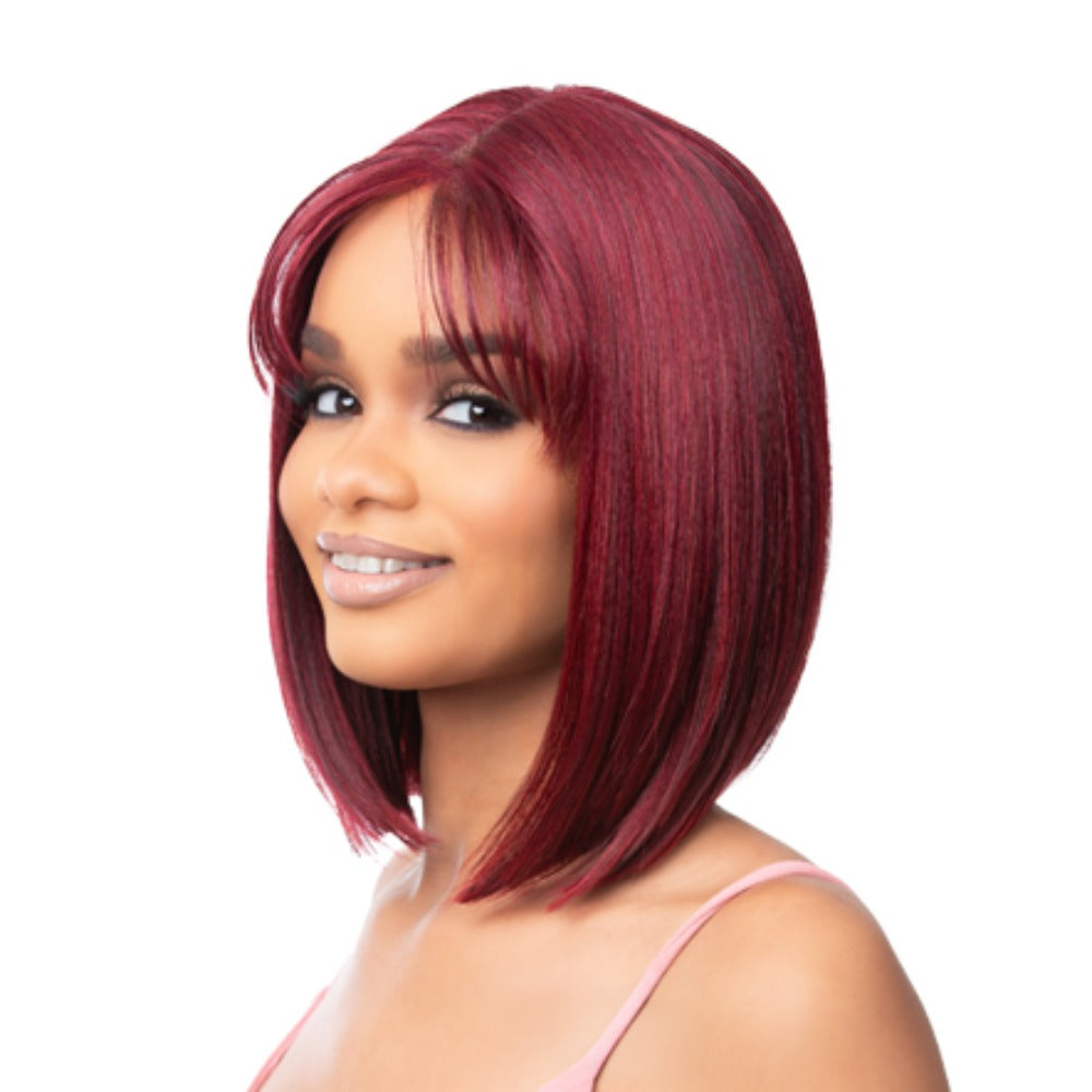 Bff Part Lace Lilia wig burgundy straight shoulder length bob with soft curtain bangs on model