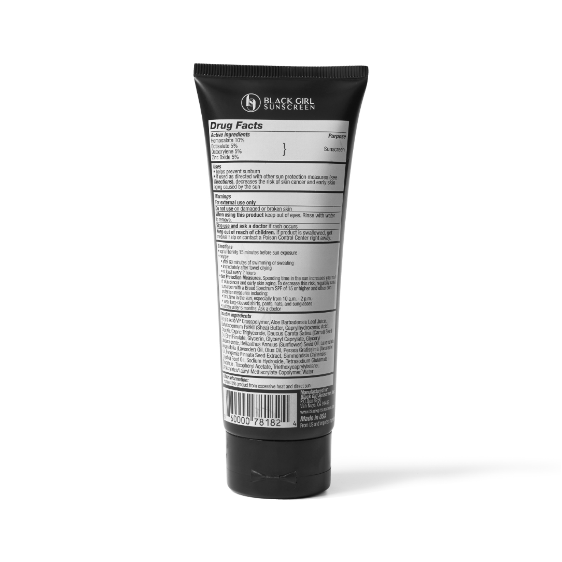 Back of Black Girl Sunscreen SPF 50 black tube showing drug facts label on white background