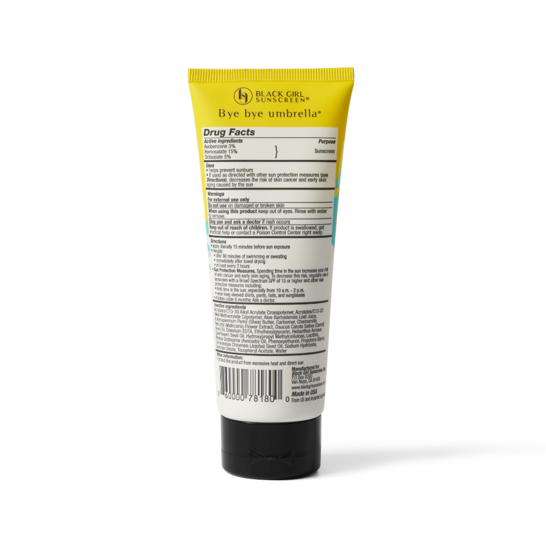 Black Girl Sunscreen Bye Bye Umbrella back view tube showing label and black cap kids SPF 50 sunscreen lotion