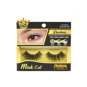 EBIN duchess mink cat 3d lashes packaging showing pair of black voluminous 100 percent real mink cat lashes and model eye