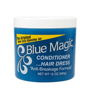 Blue Magic hair conditioner in a 12 oz jar designed to prevent hair breakage and promote healthy hair