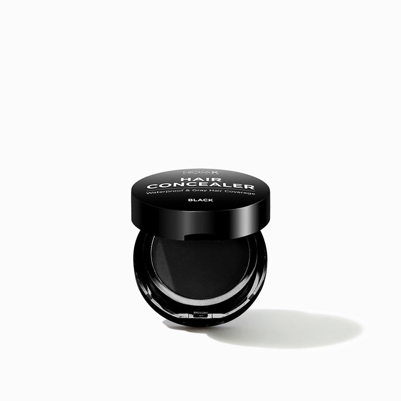 NICKA K black hair concealer compact open showing matte black powder for root touch ups and gray coverage