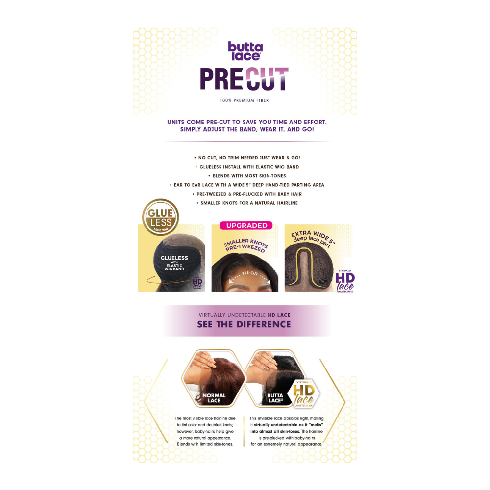 SENSATIONNEL Butta Lace Precut wig packaging showing glue less HD lace features precut units and installation benefits