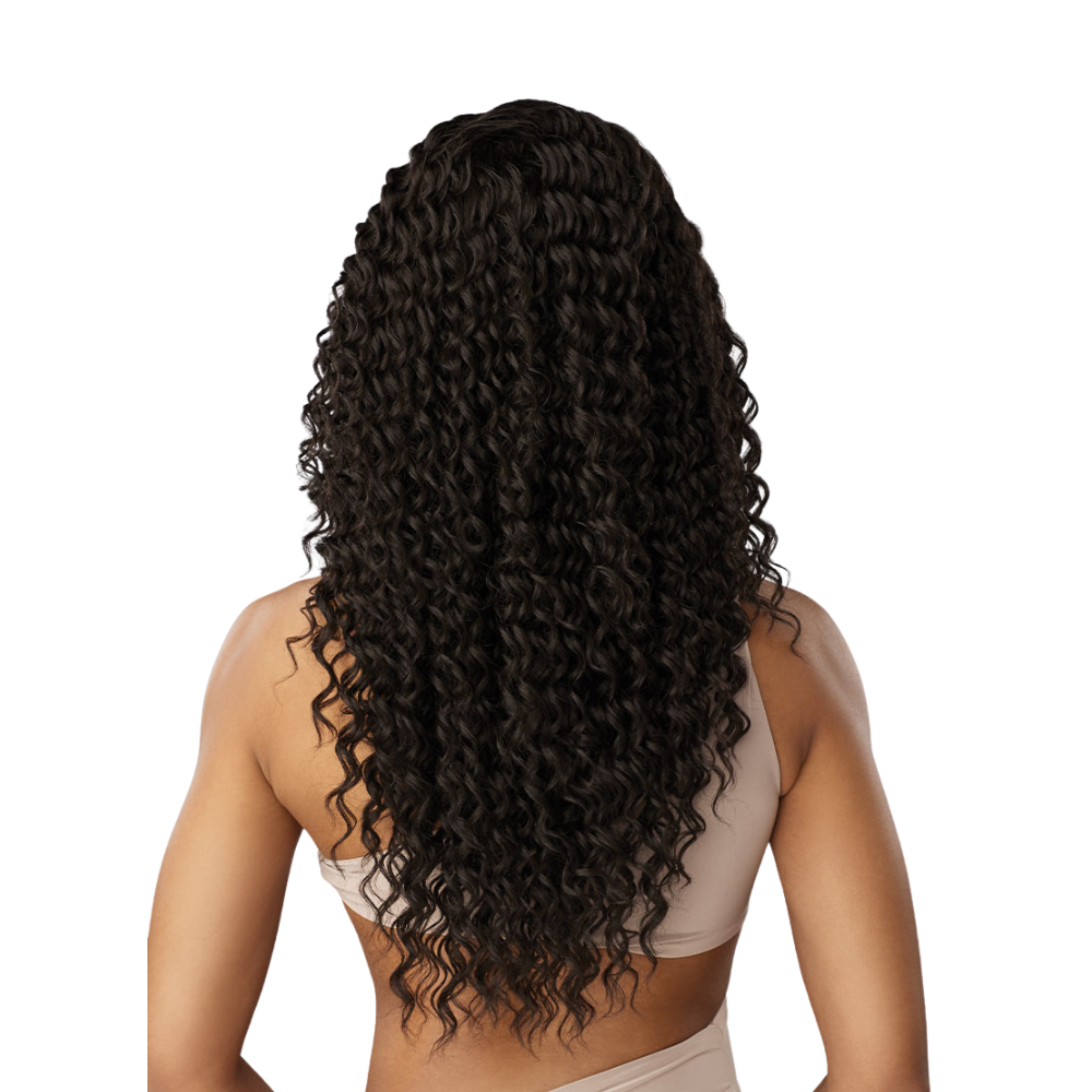 SENSATIONNEL long dark brown curly wig shown from back on model with defined natural waves