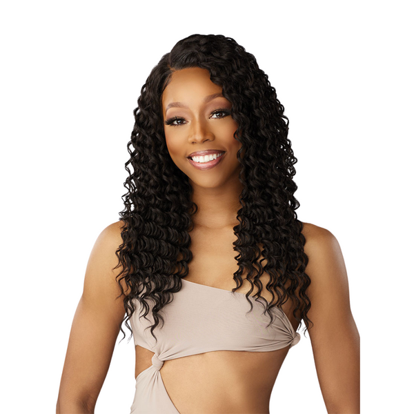SENSATIONNEL wig long deep wave black lace front on smiling model with natural hairline for everyday wear