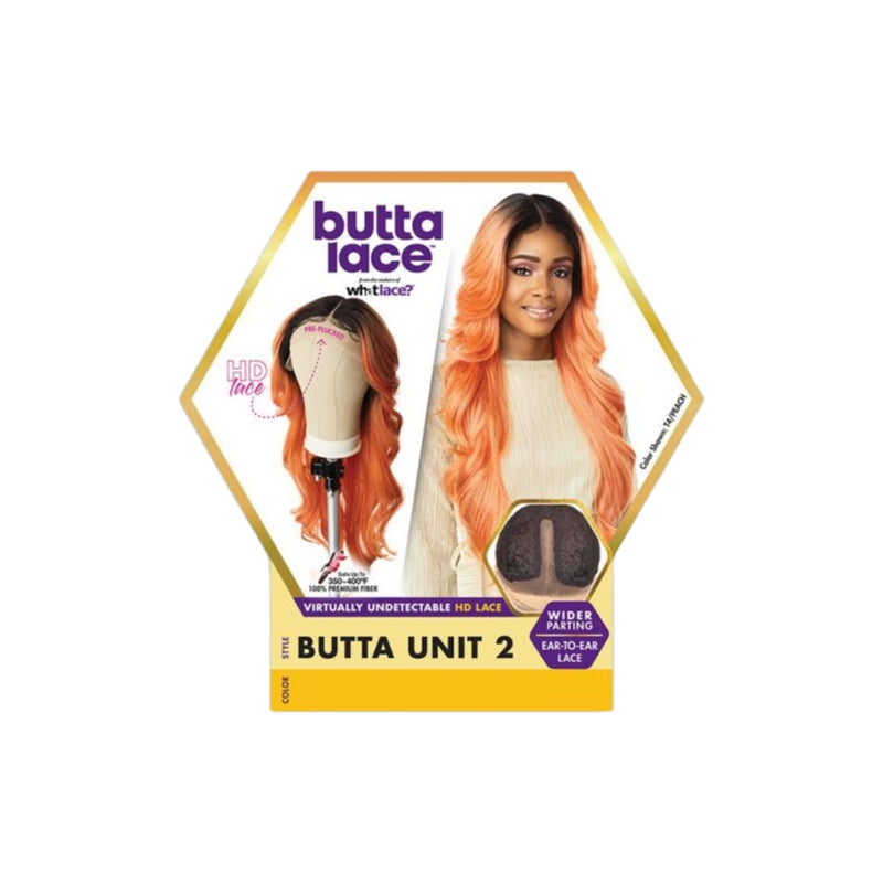 SENSATIONNEL Butta Lace Butta Unit 2 wig orange long wavy lace front on mannequin and model packaging