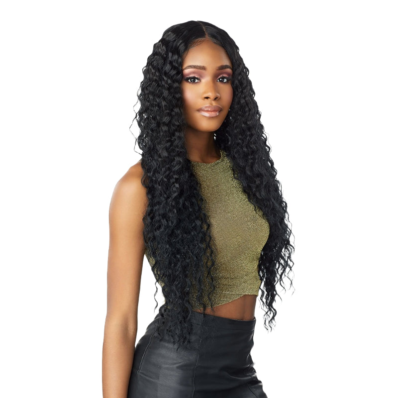 SENSATIONNEL Butta Lace Unit 3 wig long black deep wave lace front middle part on model