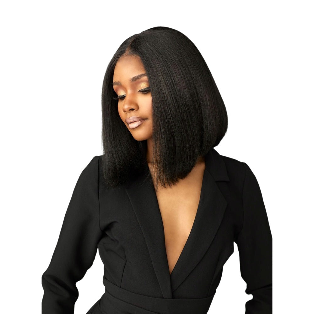 SENSATIONNEL sleek black center part chic bob wig for women on model in tailored black blazer