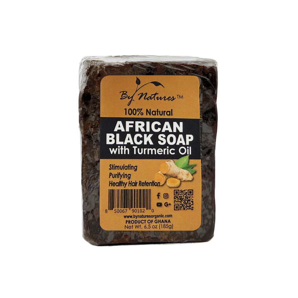 By Natures African black soap with turmeric oil bar 100 percent natural wrapped block for skin and hair care