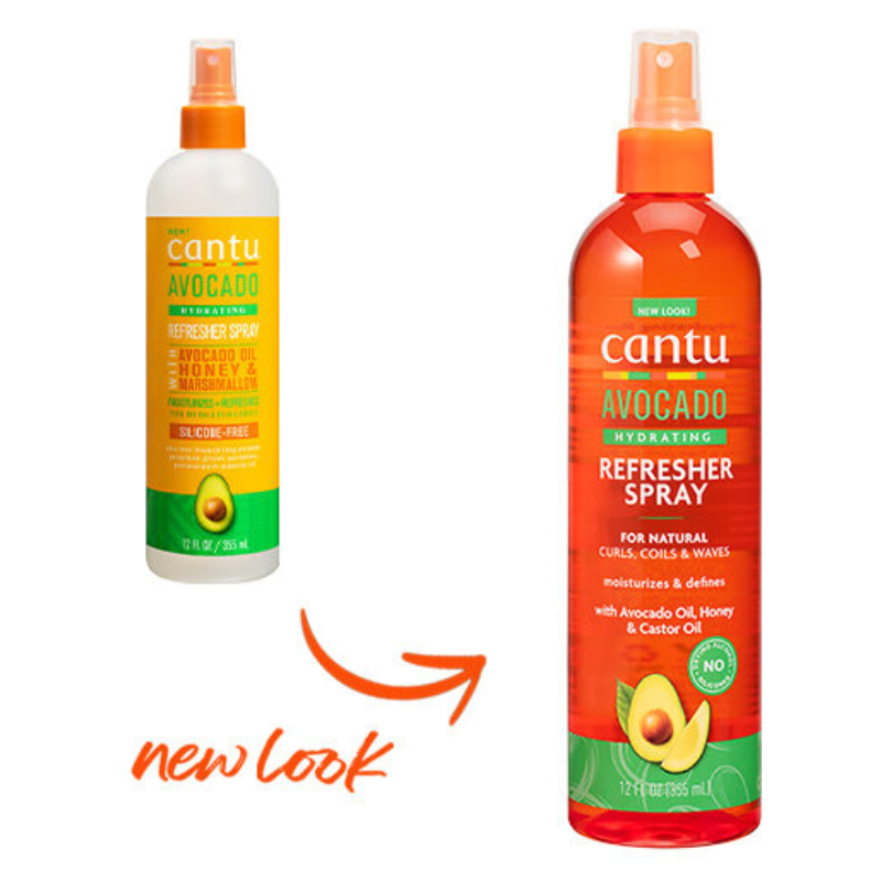 Cantu avocado hydrating refresher spray packaging comparison showing old white bottle and new orange bottle