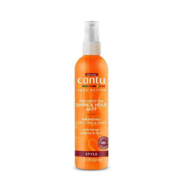 Cantu coconut oil shine spray for curls in orange bottle with spray nozzle for natural curls
