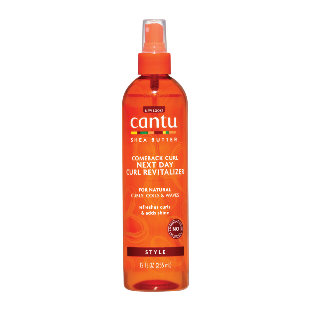 Cantu Shea Butter curl revitalizer for natural hair in an orange spray bottle 12 fl oz
