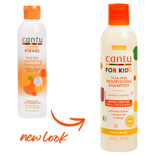 CANTU For Kids tear-free kids shampoo packaging comparison showing old and new bottles and new look label