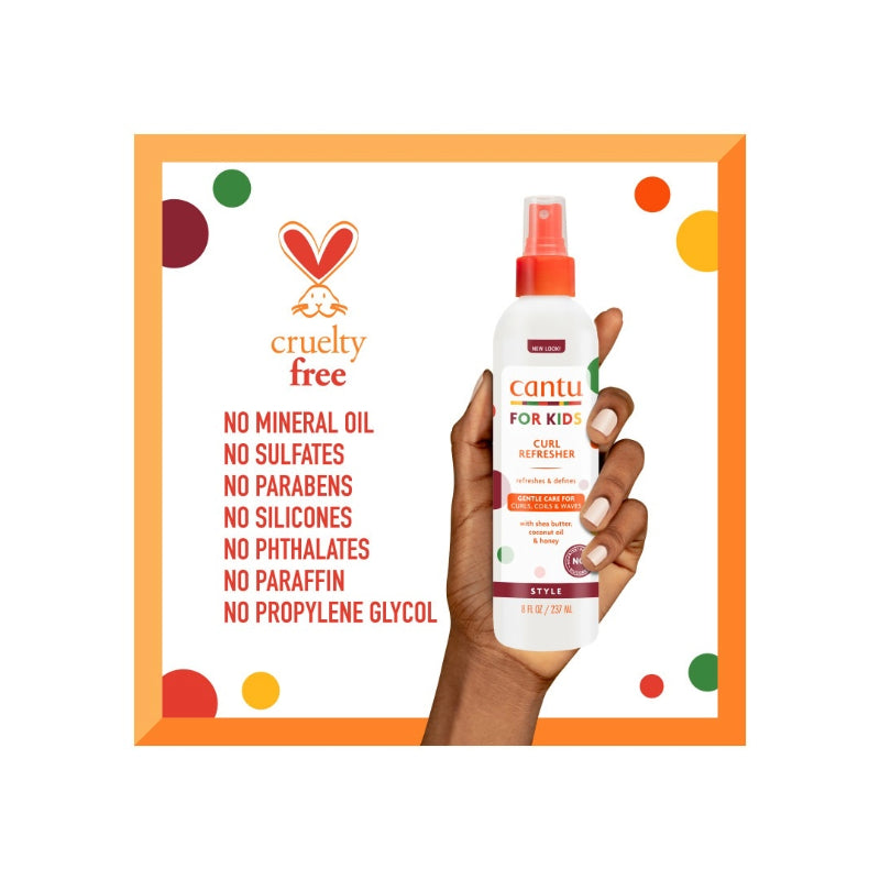 CANTU For Kids bottle held in hand with cruelty free badge and product benefits for kids curl refresher spray