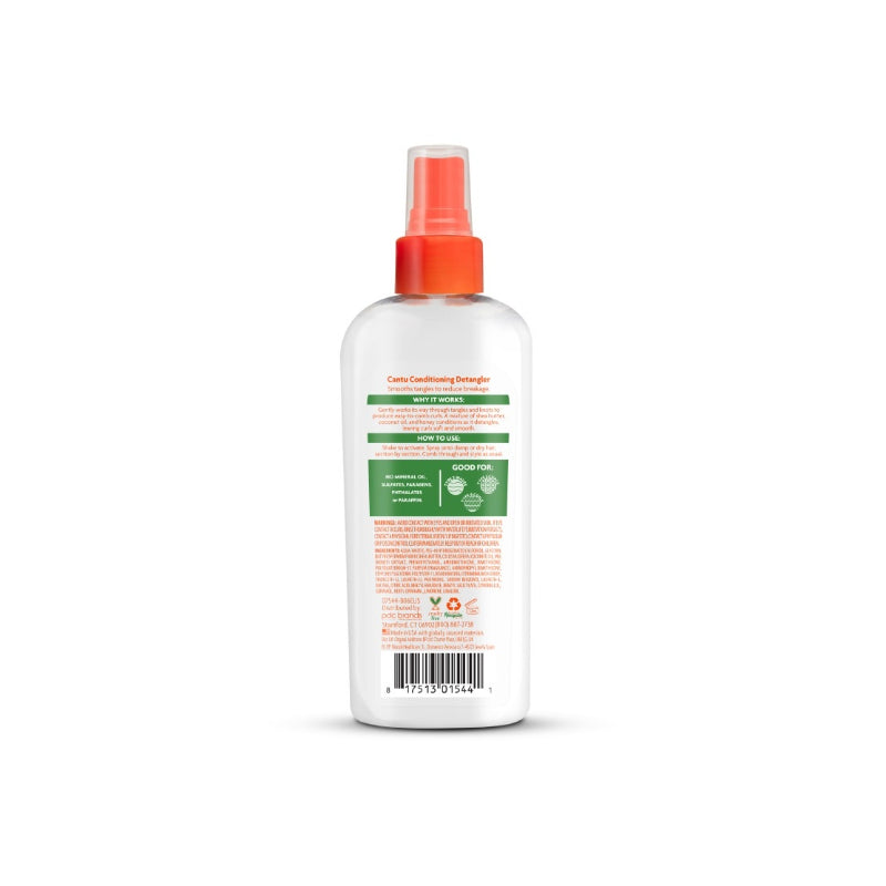 Cantu kids hair detangler spray in clear bottle with orange spray nozzle and product information label