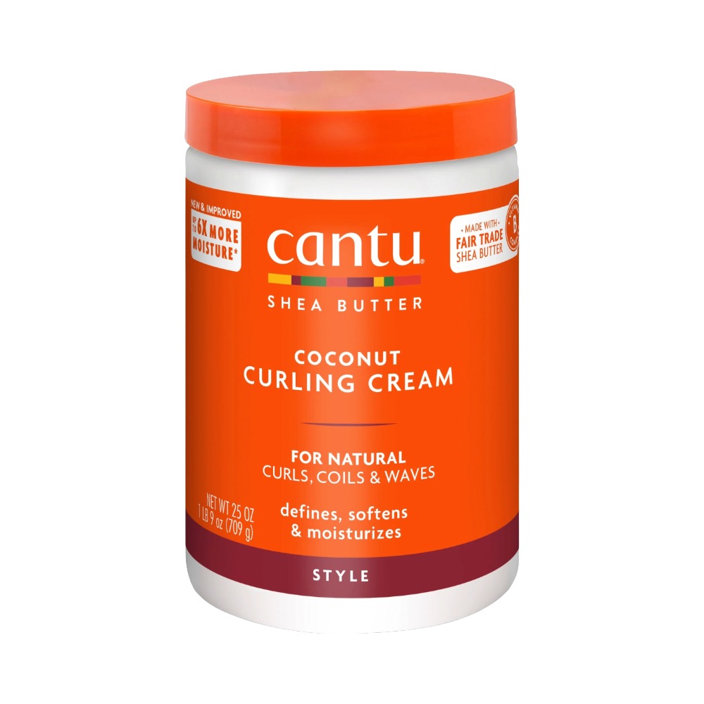 Cantu shea butter coconut curling cream jar with orange label for natural curls defines and moisturizes