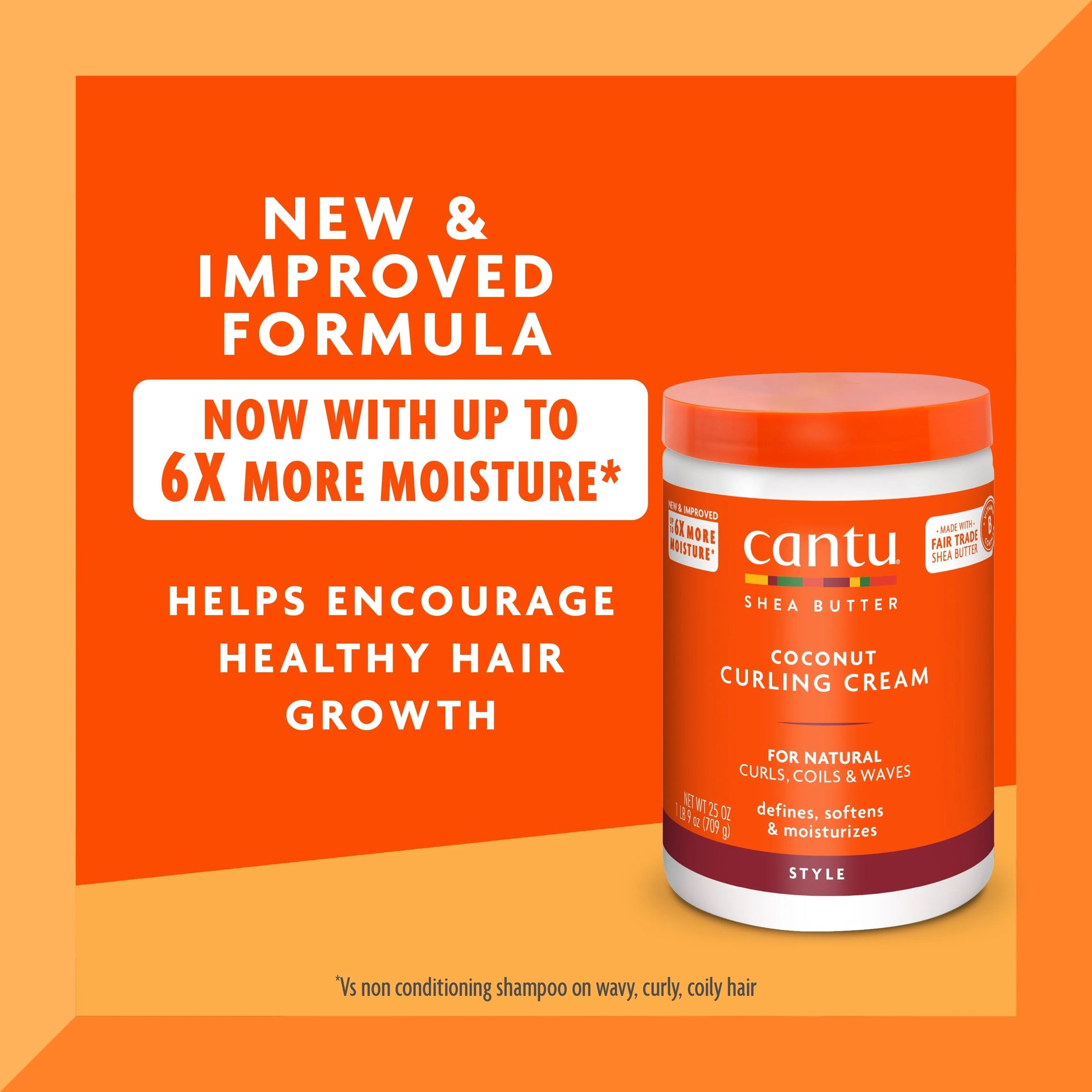CANTU shea butter coconut curling cream jar on orange background promoting 6X more moisture and healthy hair growth