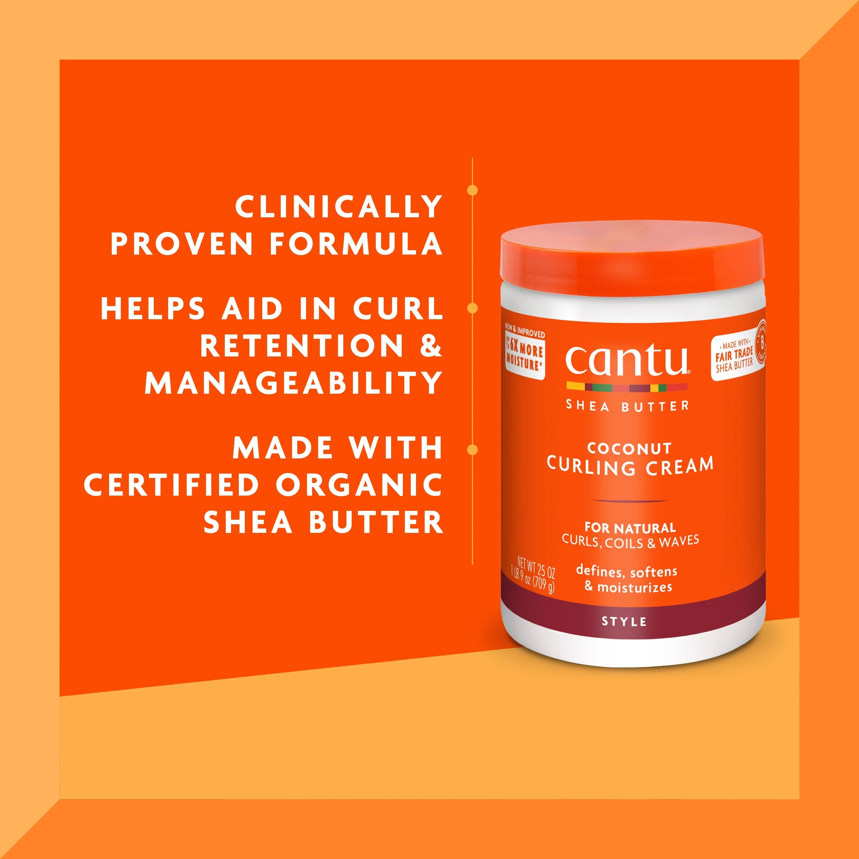 CANTU shea butter coconut curling cream jar on orange background showing label and curl retention claims