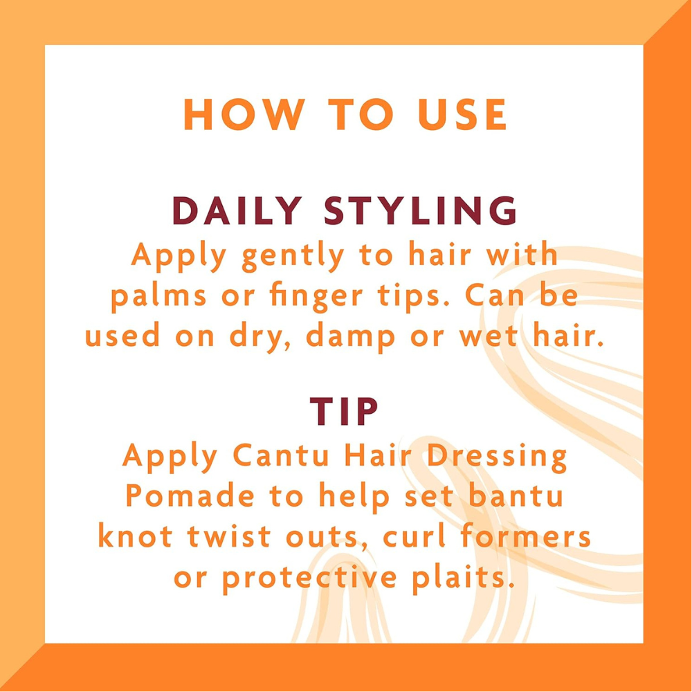 Instructions for daily styling using Cantu shea butter hair pomade for dry, damp, or wet hair
