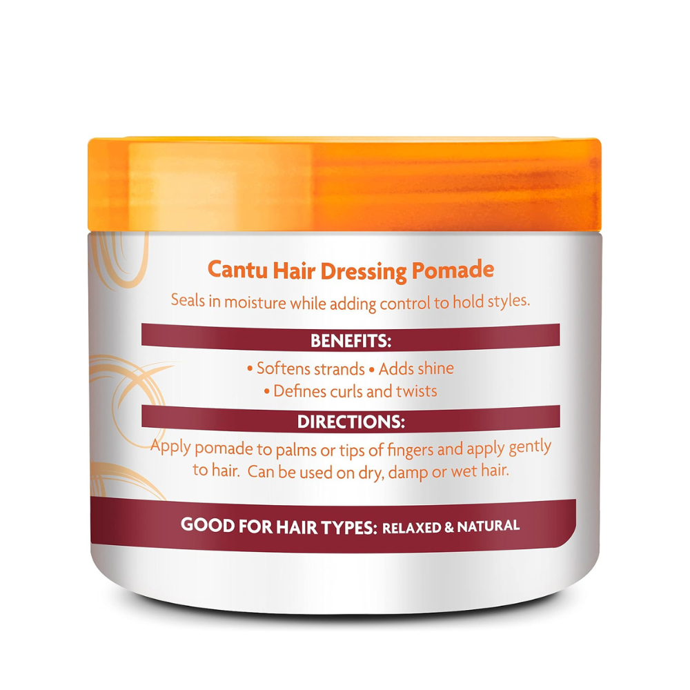 Cantu shea butter hair pomade in an orange and white jar for moisturizing and defining hair