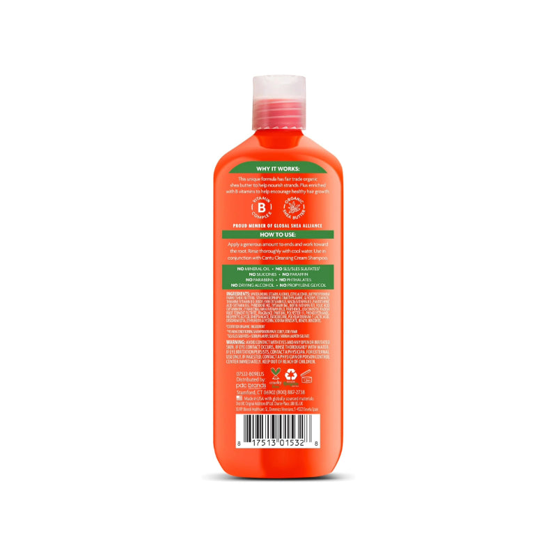 Back view of Cantu shea butter hydrating conditioner bottle with product details and instructions