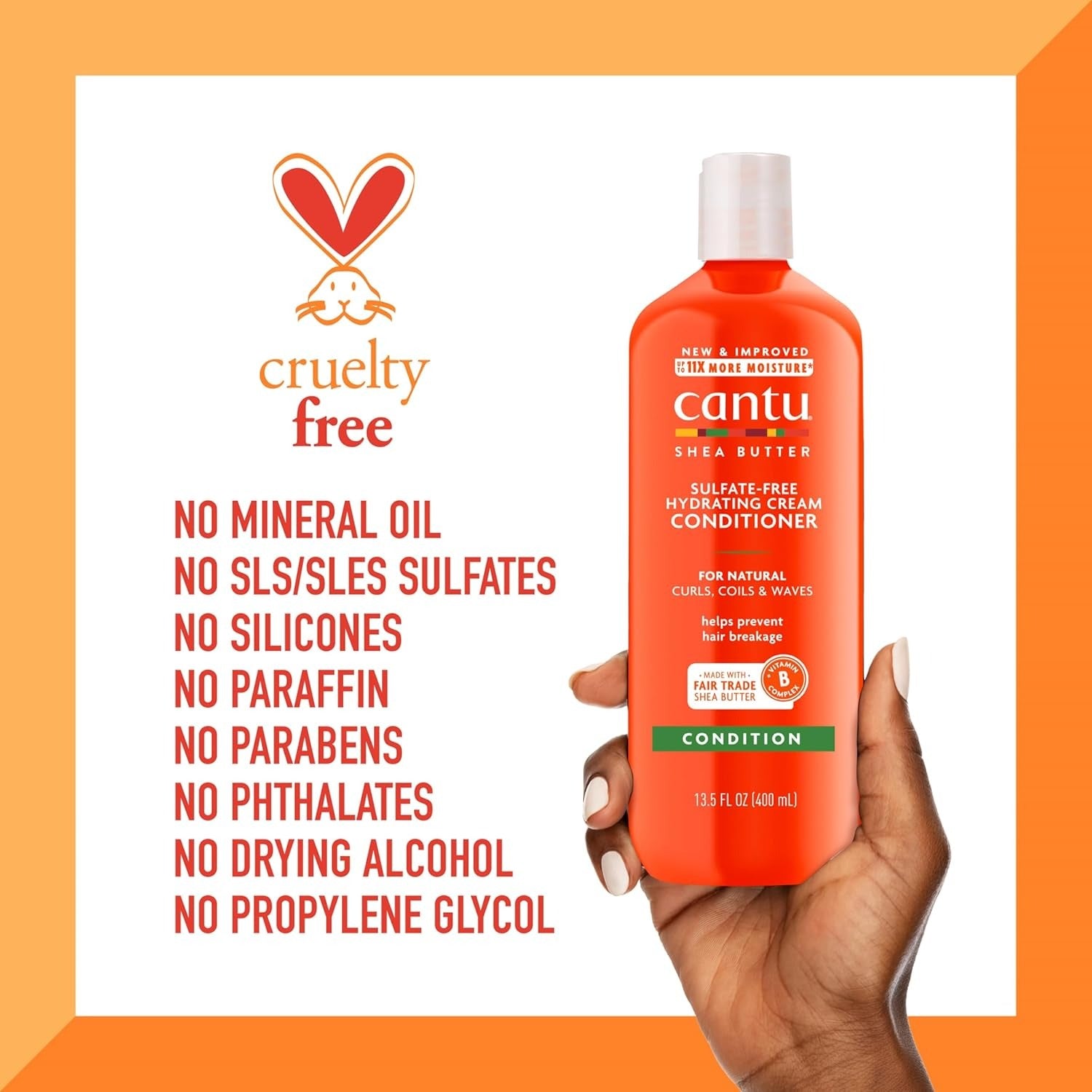 Cantu shea butter hydrating conditioner bottle held by hand with cruelty free and chemical free claims