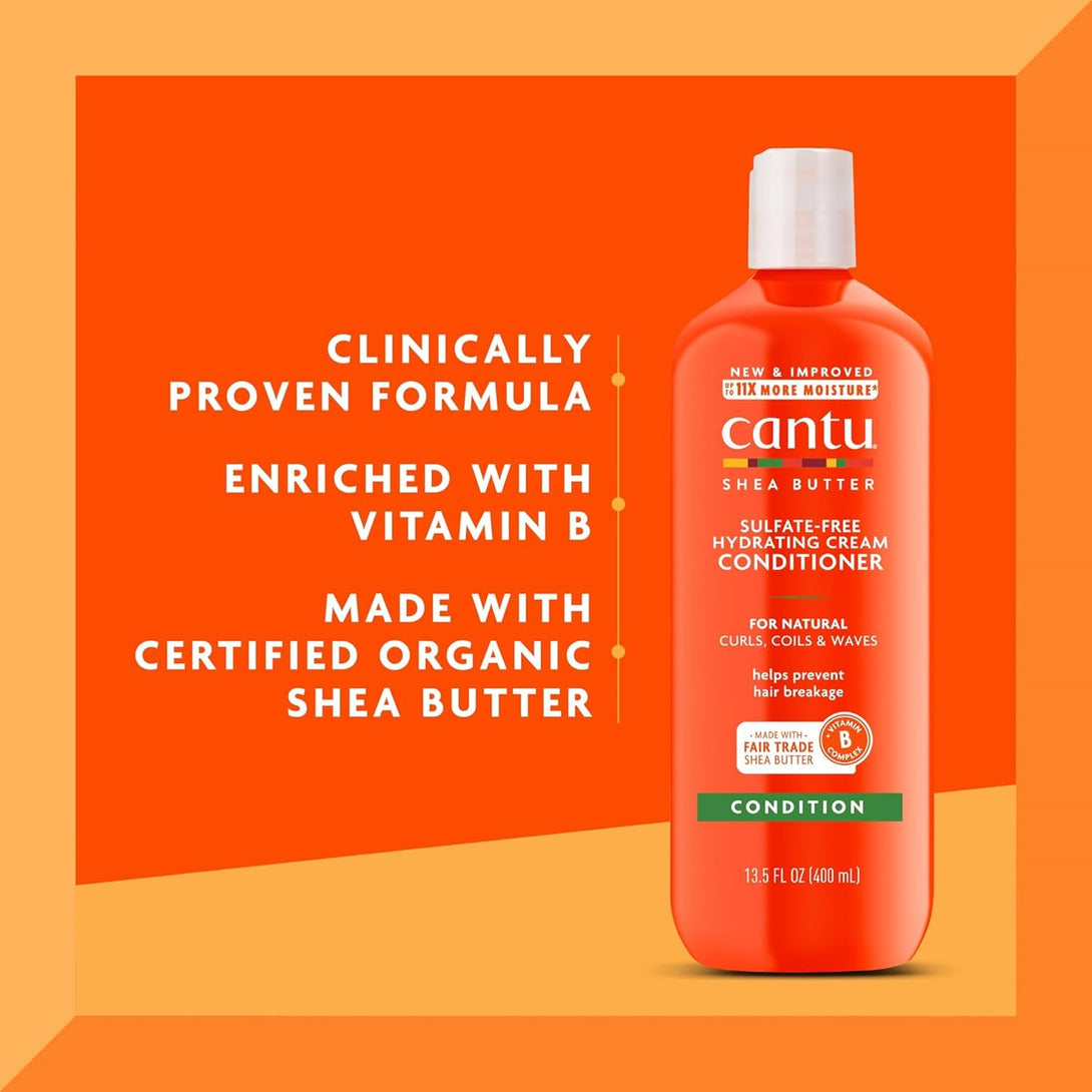 Cantu shea butter hydrating conditioner in orange bottle with vitamin B and certified organic shea butter
