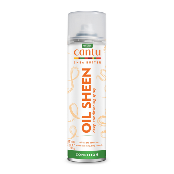 CANTU shea butter oil sheen spray deep conditioning hair care product in white and orange bottle