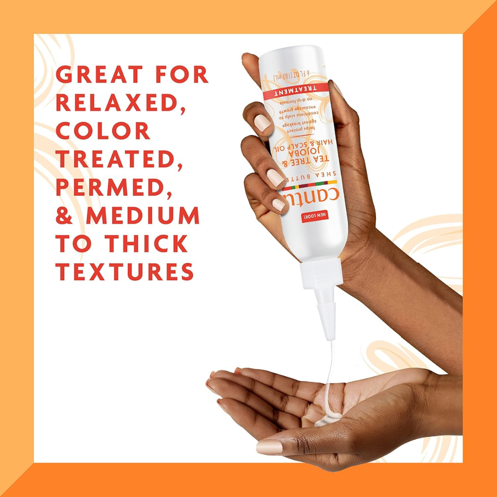 Cantu shea butter scalp oil being poured from bottle into hand for hair care use