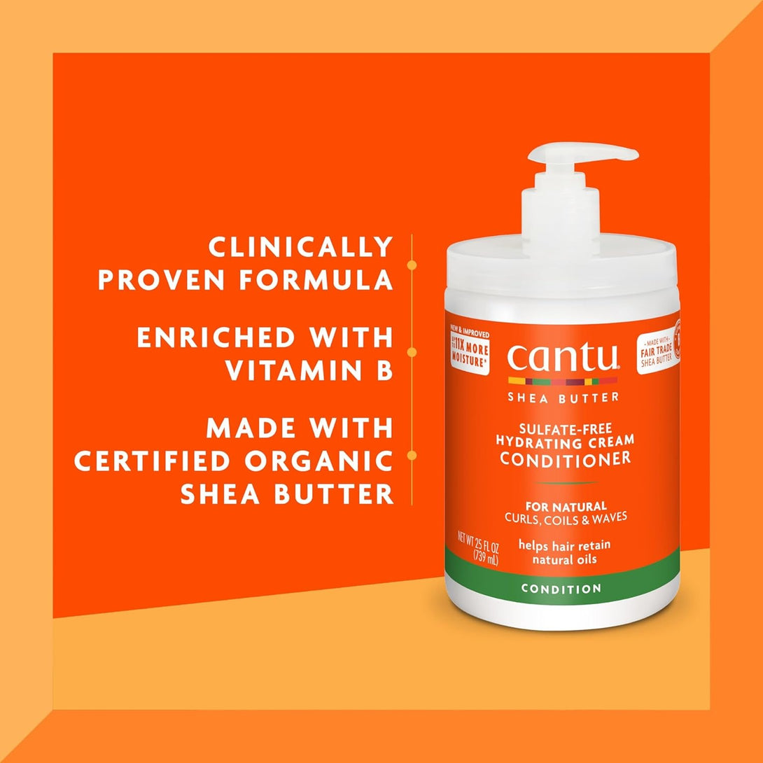 Cantu shea butter sulfate free conditioner pump jar on orange background showing label and benefits