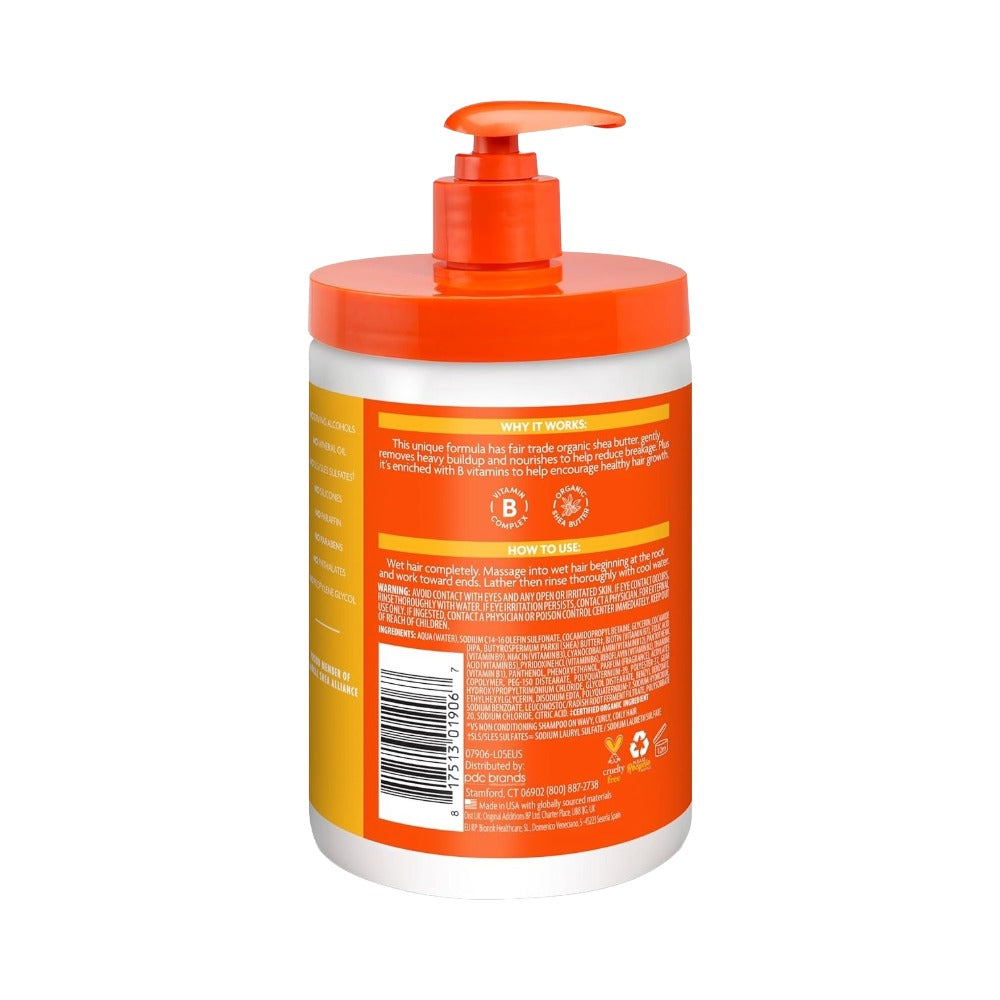 CANTU shea butter sulfate free shampoo pump bottle with orange cap showing back label