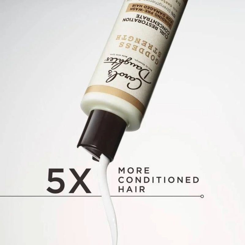 CAROLS DAUGHTER Goddess Strength curl restoration treatment tube dispensing white cream with 5X more conditioned hair text