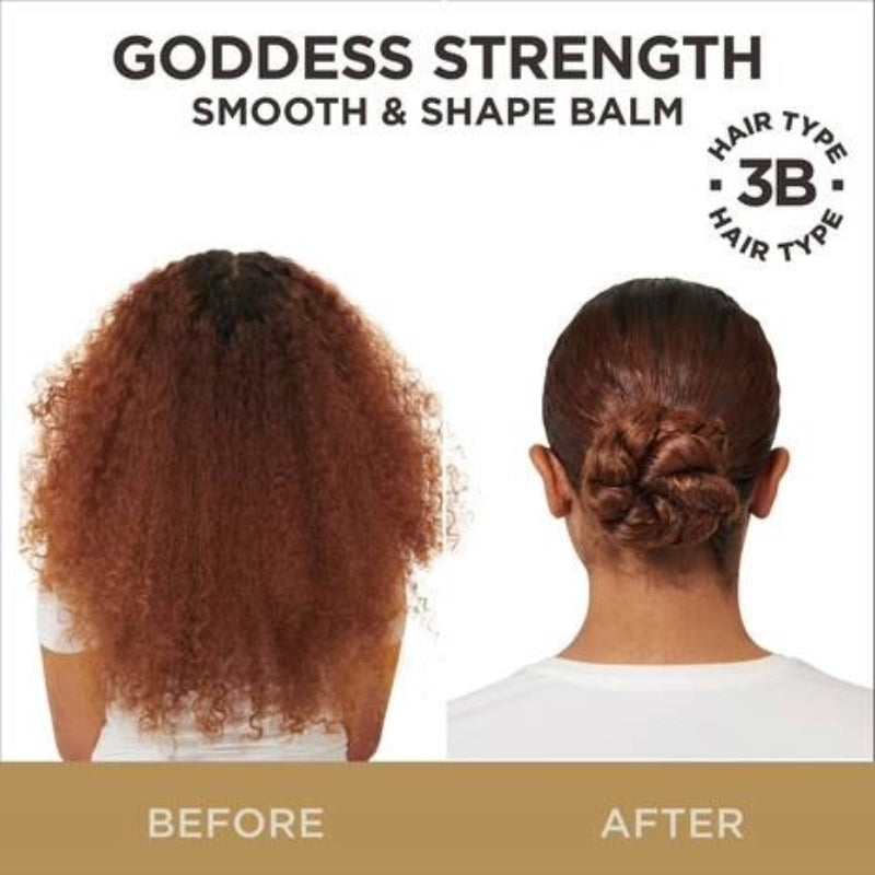 CAROLS DAUGHTER Goddess Strength before and after showing frizzy 3B hair smoothed into bun using hair smoothing and shaping balm