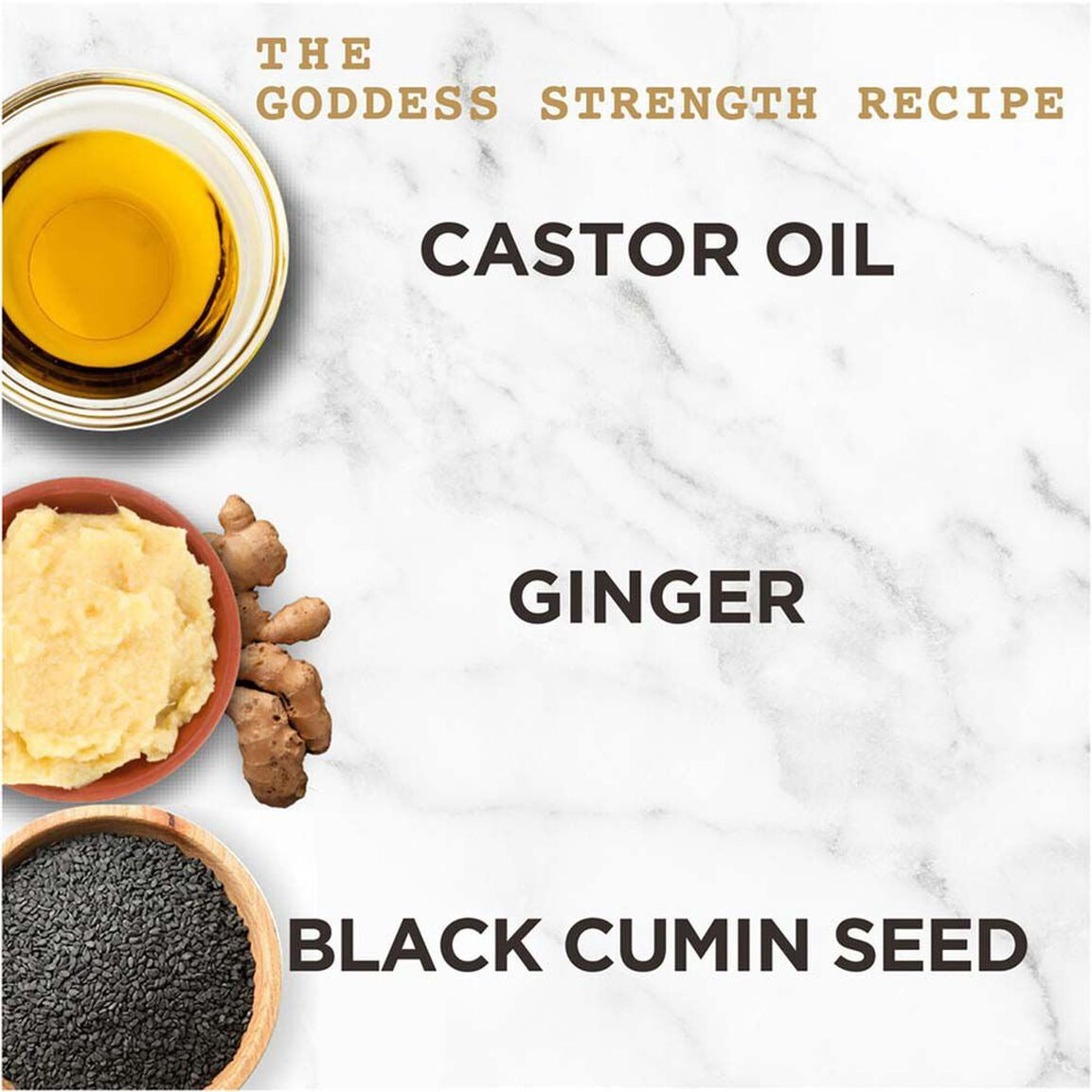 Carols Daughter collage of castor oil ginger and black cumin seed for leave-in milk for natural hair