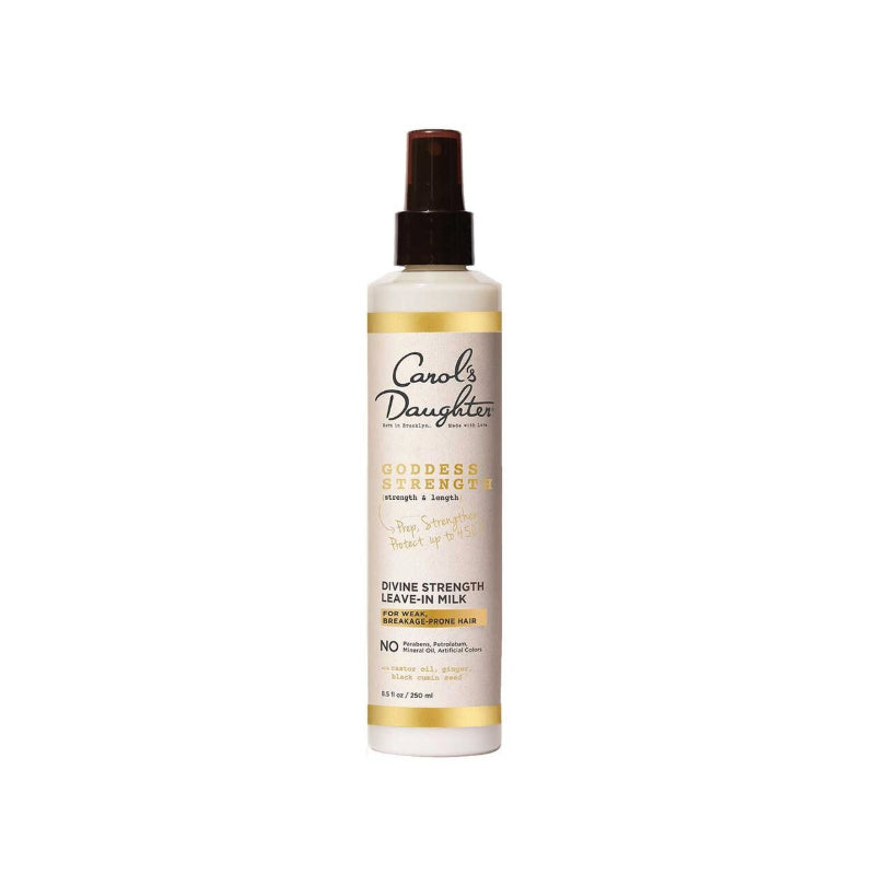 Carols Daughter Divine Strength spray bottle leave-in milk for natural hair in white and gold packaging