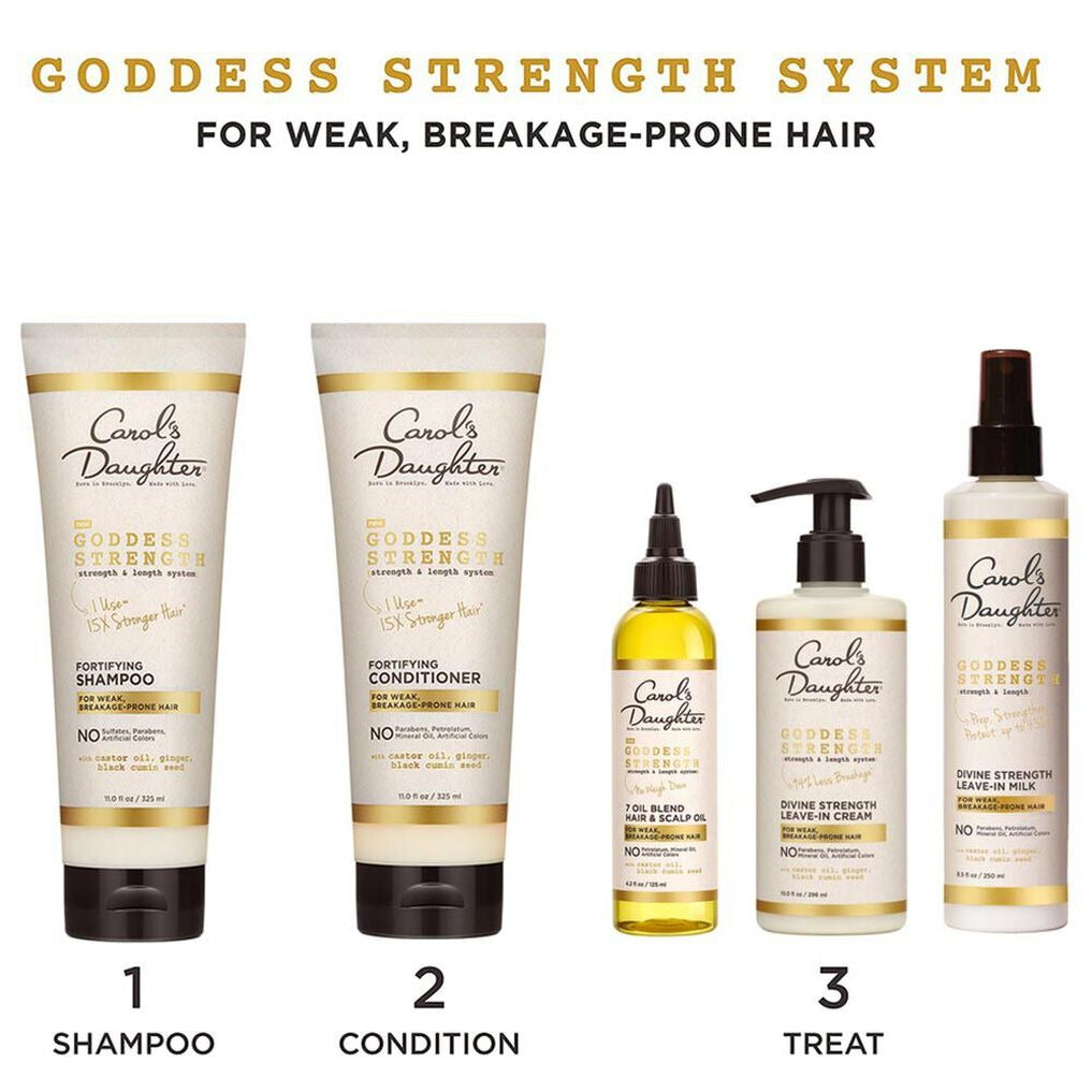 CAROLS DAUGHTER Goddess Strength System lineup showing shampoo conditioner oil and leave-in milk for natural hair spray