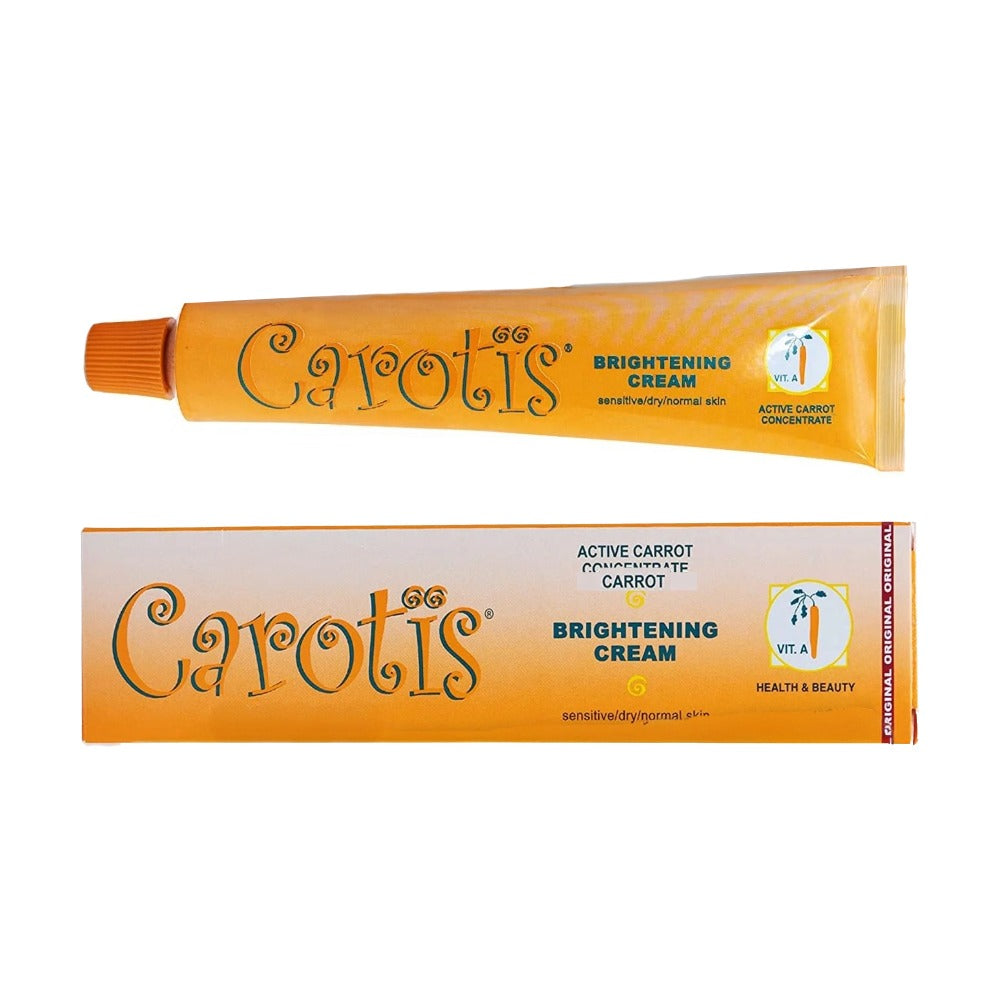 CAROTIS brightening cream for dark spots carrot extract tube and box packaging with vitamin A