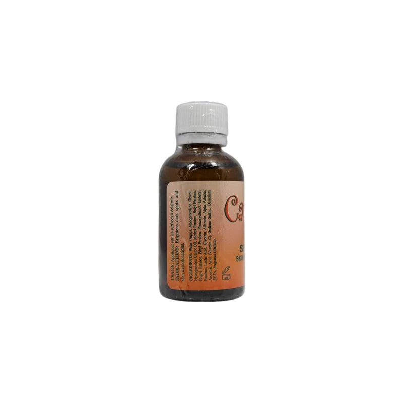 Carotis skin brightener serum amber glass bottle with white cap and orange label for facial brightening