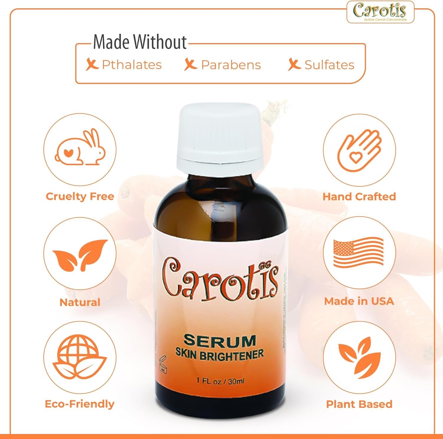 Carotis skin brightener serum amber bottle with white cap and label surrounded by natural icons