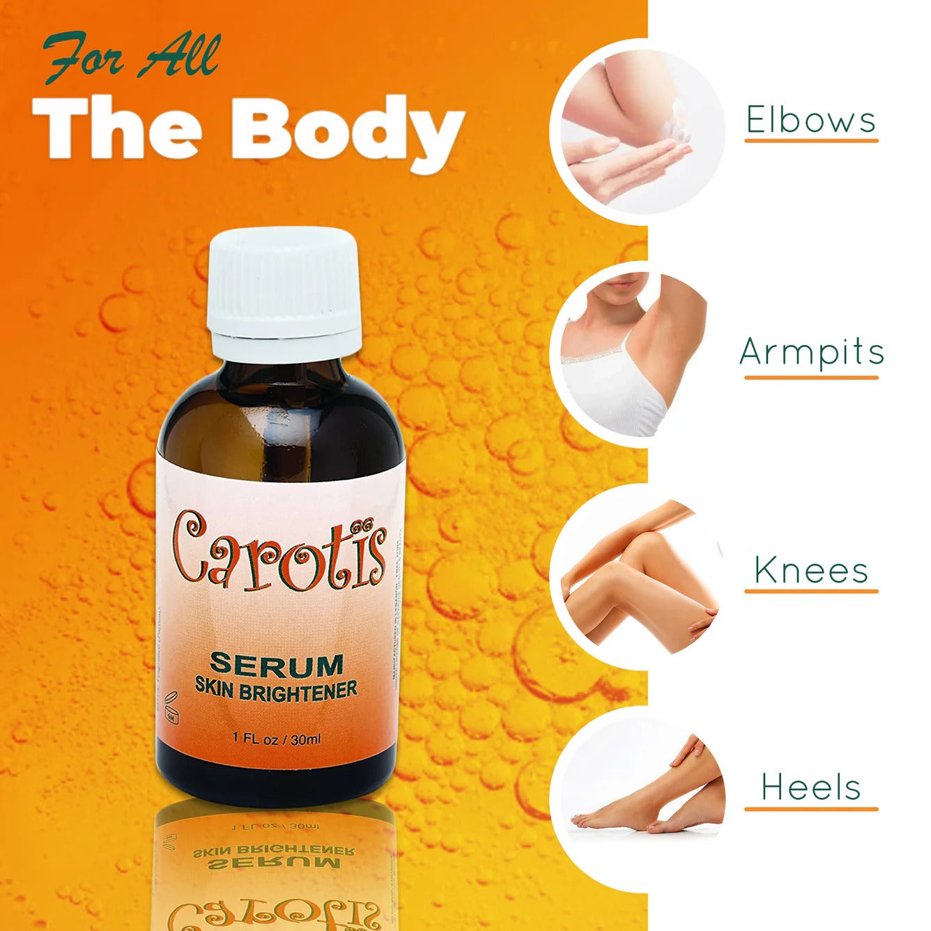 Carotis skin brightener serum bottle on orange background showing use for elbows armpits knees and heels