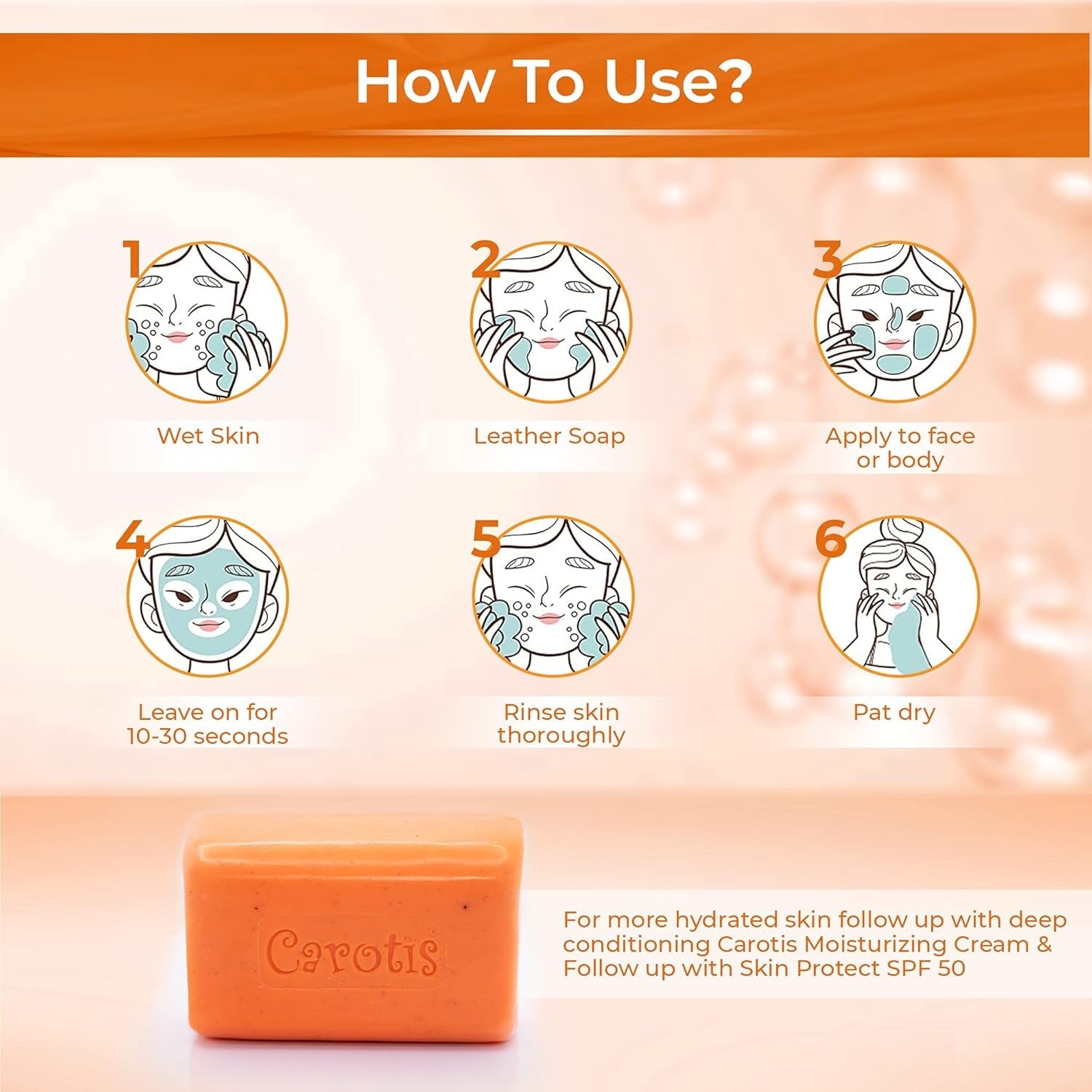 Carotis exfoliating soap for glowing skin bar with illustrated six step how to use instructions