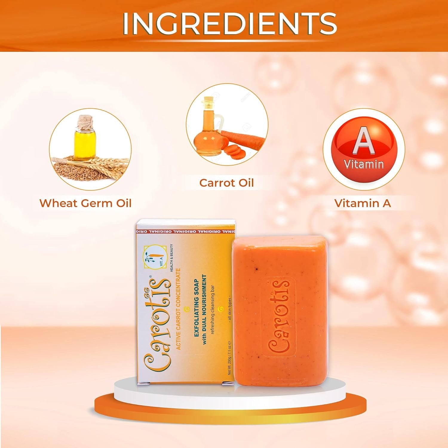 CAROTIS orange soap bar and box with carrot oil icons showing wheat germ oil and vitamin A exfoliating soap for glowing skin