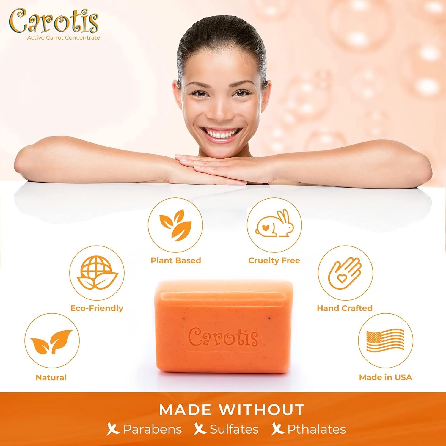 CAROTIS orange soap bar with smiling woman and eco icons exfoliating soap for glowing skin plant based cruelty free