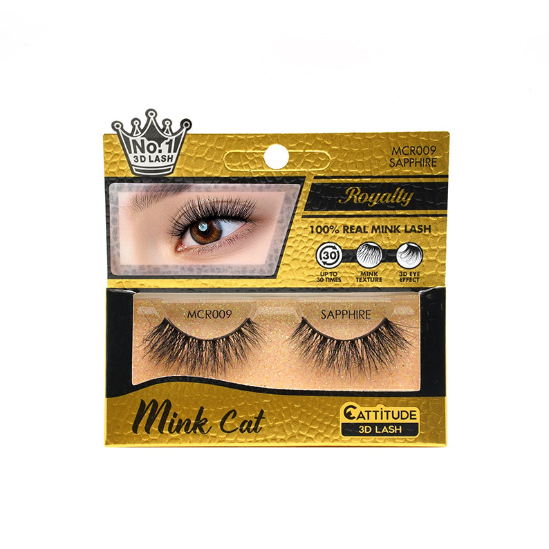 EBIN Mink Cat Sapphire gold packaging showing 3D mink cat eye lashes pair and eye closeup