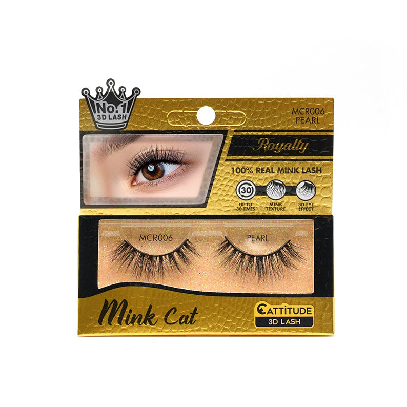 EBIN Mink Cat false lashes gold packaging showing close up eye and pair of MCR006 Pearl 3D mink cat lashes