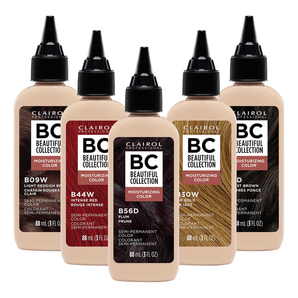 Clairol Beautiful Collection semi permanent hair color bottles in various shades including red, plum, gold, and brown
