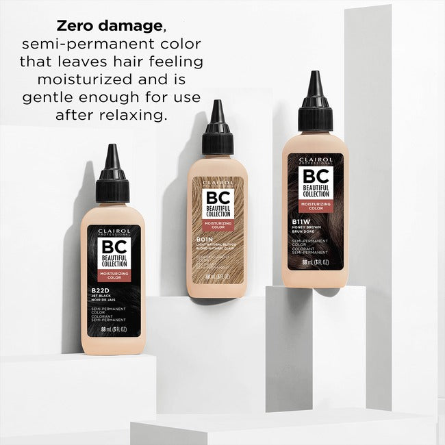 Clairol Beautiful Collection semi permanent hair color bottles in various shades on white display