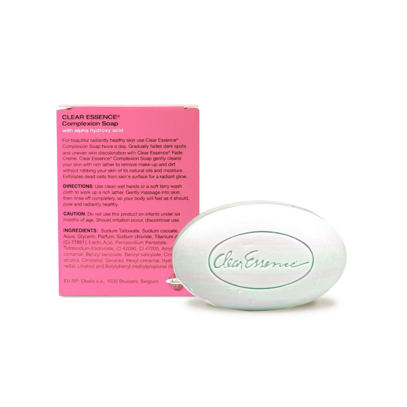 Clear Essence alpha hydroxy acid complexion soap white oval bar with logo and pink product box packaging