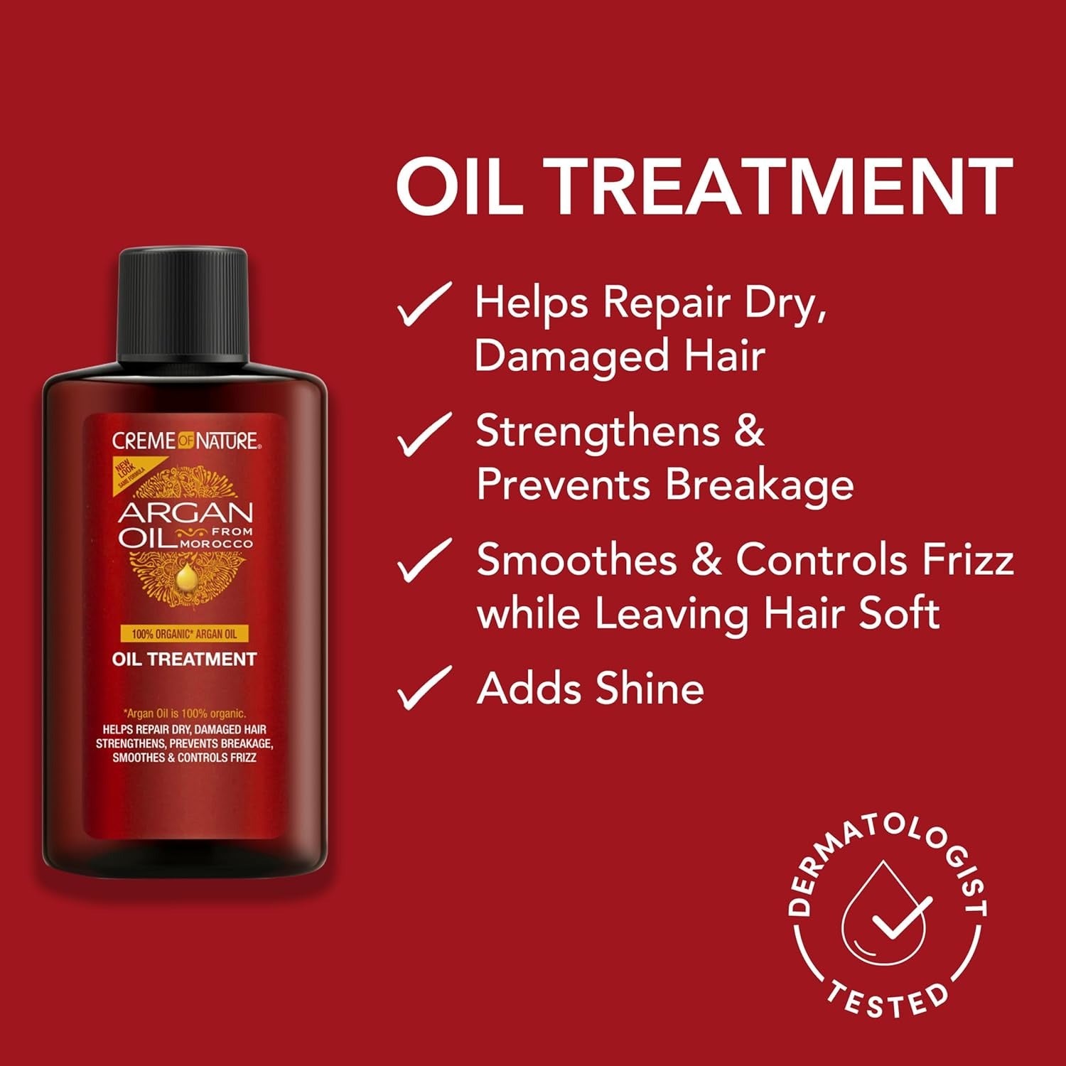 Creme Of Nature Argan Oil Treatment bottle on red background with benefits list and dermatologist tested badge