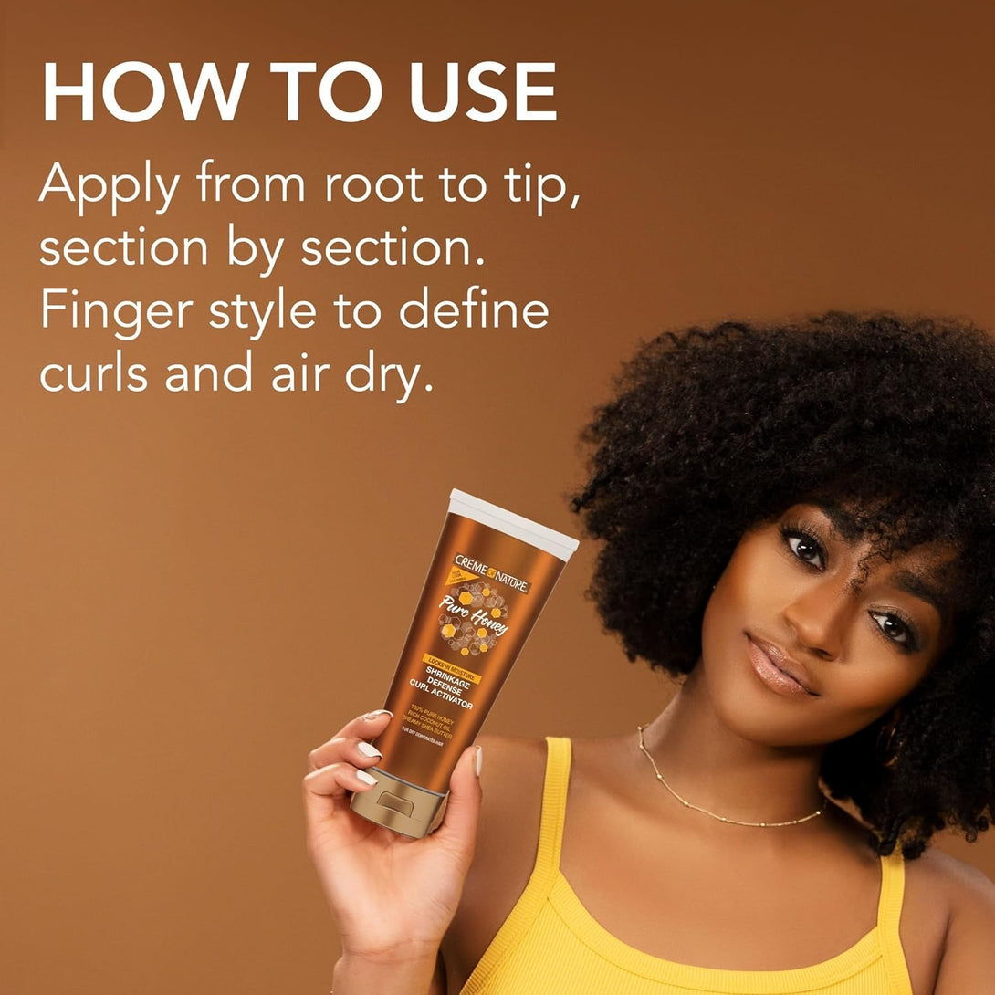 CREME OF NATURE curl activator for natural hair held by woman with natural curly hair and how to use instructions